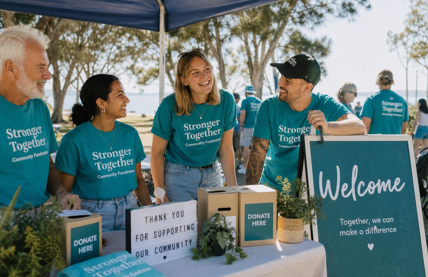 Volunteers in teal shirts at a coastal Australian community fundraising event