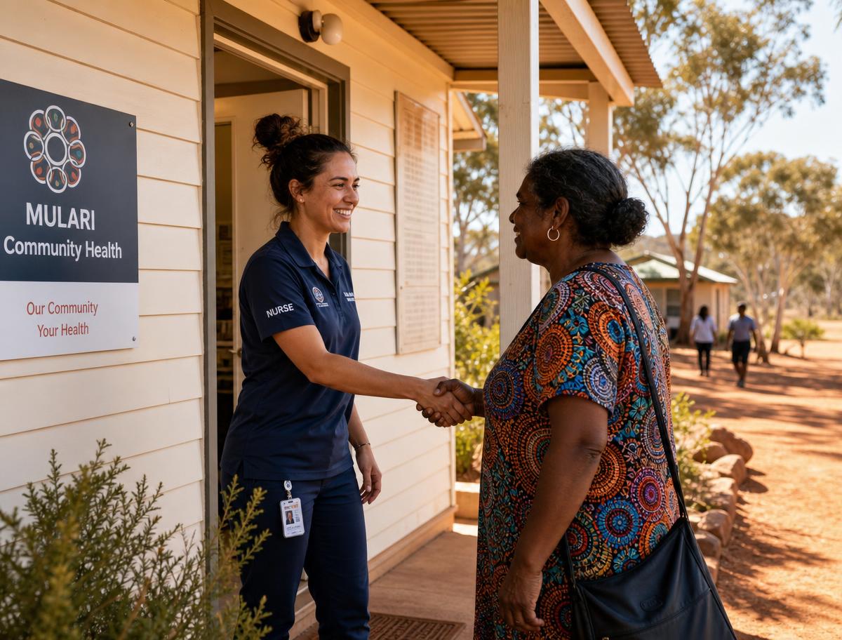 A welcoming nurse greeting a patient at a rural Australian community health clinic