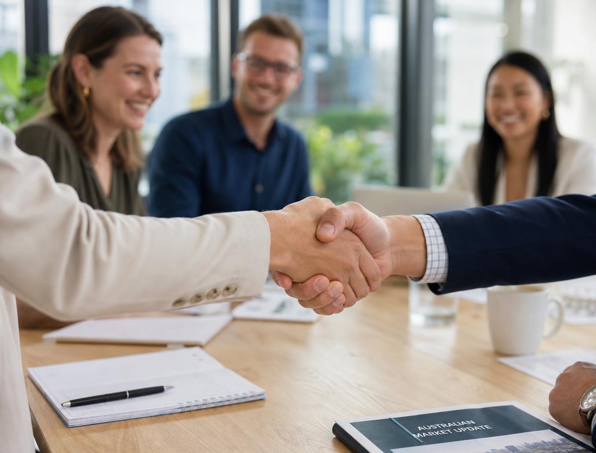 A collaborative handshake between two professionals in a modern Australian office